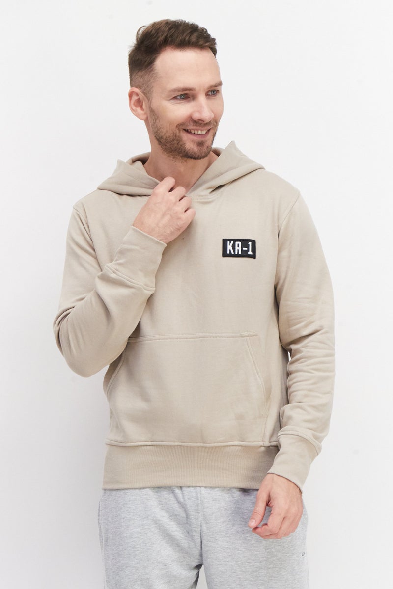 KA-1 Men Hooded Long Sleeve Patched Logo Sweatshirt, Beige - Image 1